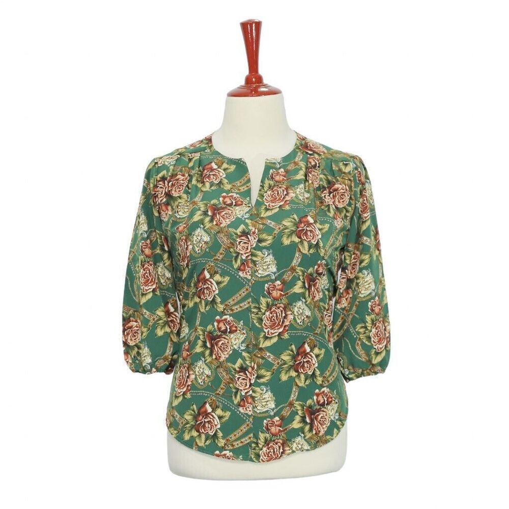 Womens Silky Blouse Green Brown Floral 3/4 Sleeve V-Neck Summer Casual Top Large